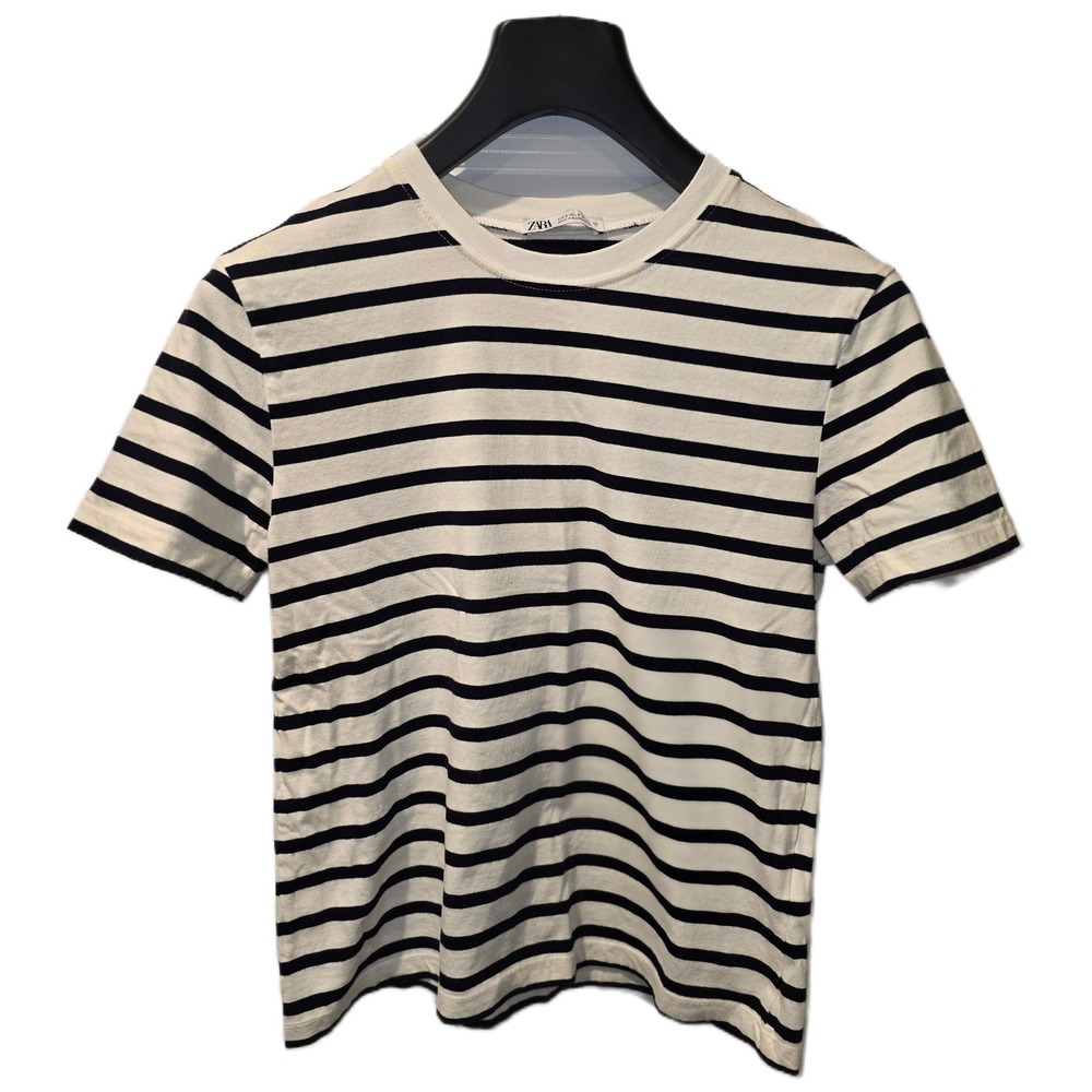 Zara‎ Womens Black White Striped Short Sleeve Cotton T-Shirt Size S Crew Neck